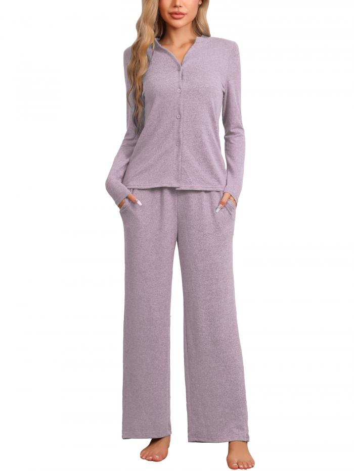 cheibear レディース ラウンジウェア パジャマ 半袖 ボタンダウン トップス パンツ付き スリープウェア パジャマ セット パープル XL