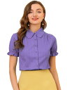 Allegra K シャツ 丸襟 パフフリル半袖 綿 花柄 カジュアル 夏 トップス レディース ダークパープル XS