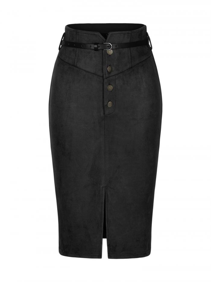 Allegra K スリットスカート フェイクスエードスカート ハイライズ ボタンフロント ベルト付き ボディコン レディース ブラック S