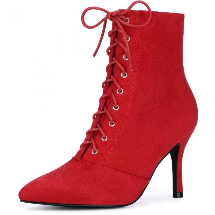 Allegra K レディース ポインティトゥ レースアップ サイド ジップ スティレットヒール アンクル ブー..