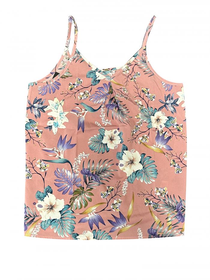 Allegra K レディース キャミソール タンクトップ カジュアル Vネック 花柄 調節可能 スパゲッティストラップ Tシャツ ピンク S