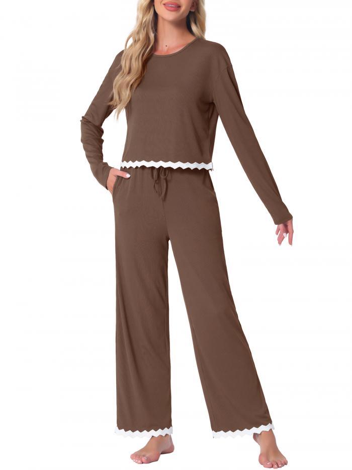 cheibear レディース 長袖 クルーネック ラウンジセット コントラストカラートリム パジャマセット フルレングス アウトフィット ポケット付き ブラウン XL