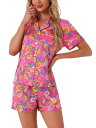 cheibear パジャマセット ルームウェア シルク 半袖トップス ショーツ 花柄セット レディース ローズレッド XL