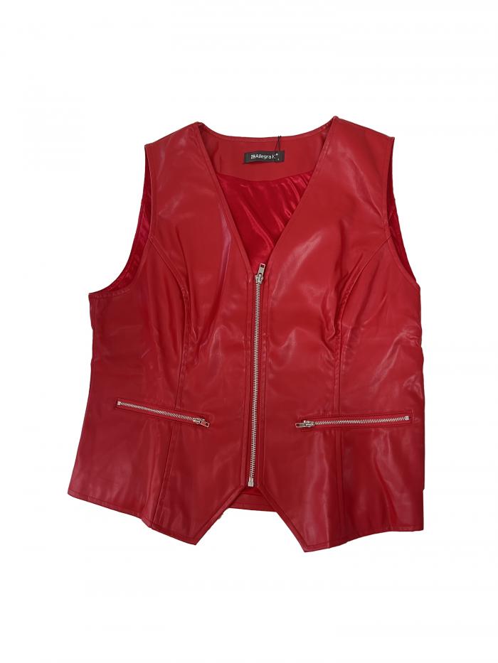 Allegra K レディース フェイクレザー コート Vネック ノースリーブ ジッパー モーターサイクル バイカ..