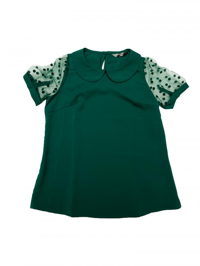 Allegra K ブラウス シースルー 半袖 シフオンブラウス 折り襟 水玉 シャツ オフィス メッシュ トップス 着痩せ ゴージャス レディース ダークグリーン XS