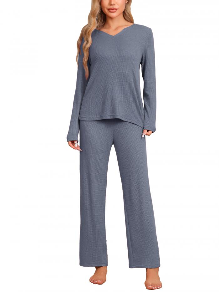 cheibear レディースパジャマ ワッフル ソフト スウェットスーツ 長袖 Vネック 秋冬 ラウンジウェア セット ブルー L