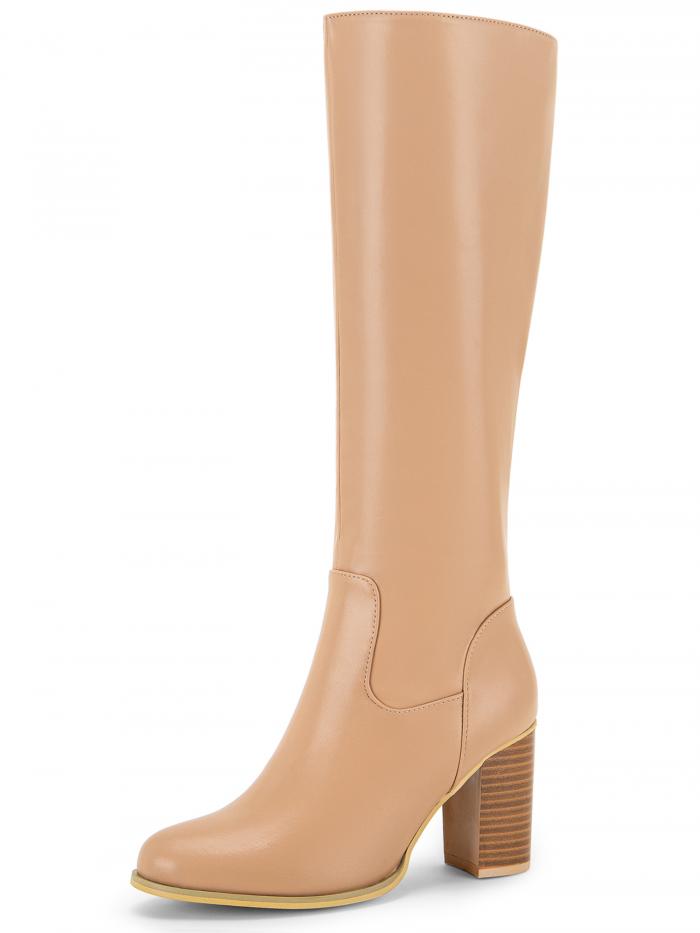 Allegra K ニーハイブーツ ラウンドトゥ ブロックヒール チャンキーヒール レディース 肌色 26.0cm