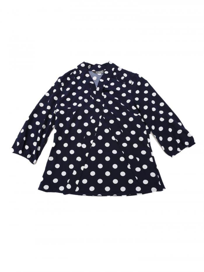 Allegra K ブラウス 水玉 フリル 肩 伸縮性のあるカフボウ ネクタイネック レディース ネイビーブルー XSのサムネイル