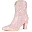 Allegra K レディース グリッ ター V シェイプ ポインティトゥ バック ジッパー ブロック ヒール ミッドカーフ ブーツ ピンク 24.0cm(4)