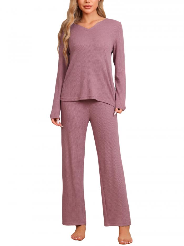 cheibear レディースパジャマ ワッフル ソフト スウェットスーツ 長袖 Vネック 秋冬 ラウンジウェア セット レッド M