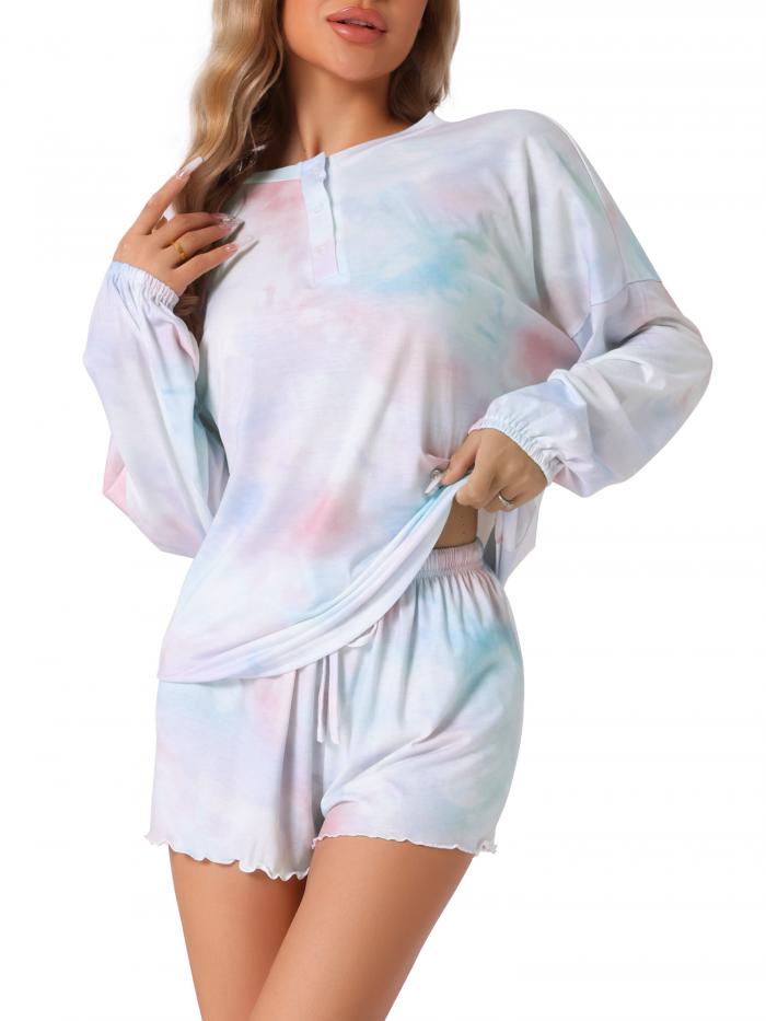 cheibear レディース ラウンジパジャマ 長袖トップス ショーツ付き スリープウェア タイダイ カジュアル ナイトウェア パジャマセット ピンク L