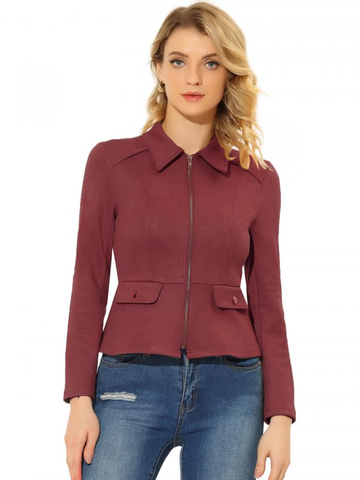 Allegra K ジャケット ショート ジップアップ モーターバイカーコート フェイクスエード レディース レ..