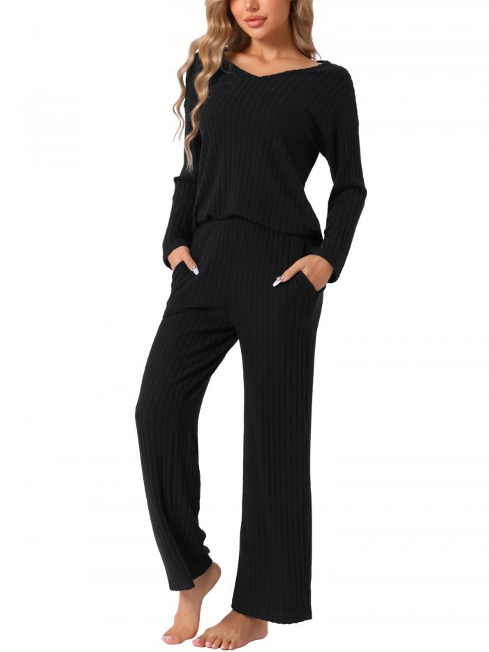 cheibear レディース ラウンジ リブニット Vネック 長袖 パンツ付き パジャマ カジュアル スリープウェア パジャマセット 黒 S