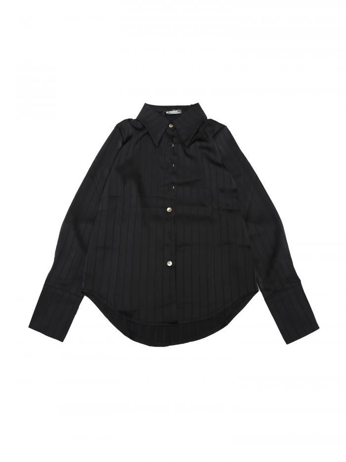Allegra K レディース サテン シャツ ポイントカラー 長袖 ボタンダウン ワーク オフィス ブラウス 黒 M