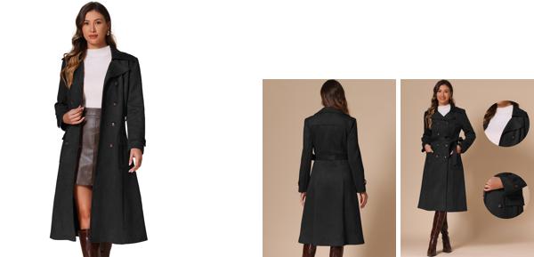 Allegra K レディース スエード トレンチコート ノッチドラペル ダブルブレスト ベルト付き 長袖コート ブラック XL