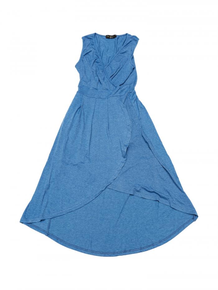 Seta T 夏ワンピース ノースリーブ ハイローラップ Vネックミディニットドレス プリーツ ポケット付き レディース ディープブルー XL