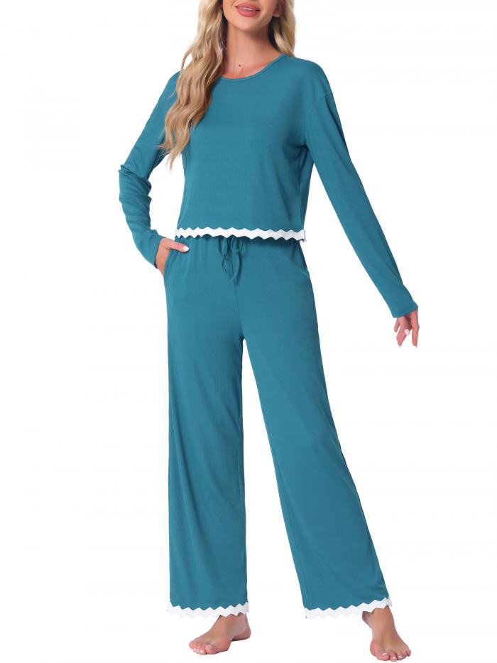 cheibear レディース 長袖 クルーネック ラウンジセット コントラストカラートリム パジャマセット フルレングス アウトフィット ポケット付き ブルー S