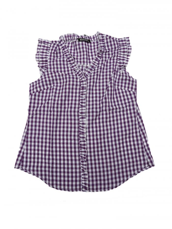 Allegra K チェック柄 ブラウス 綿 ボタンダウン 可愛い キャップ スリーブ ギンガム フリル シャツ レディース パープル L