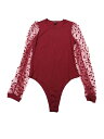 Allegra K レディース 長袖 ボディスーツ クラブウェア メッシュスリーブ ジャンプスーツ ロンパース トップス ブルゴーニュ XL