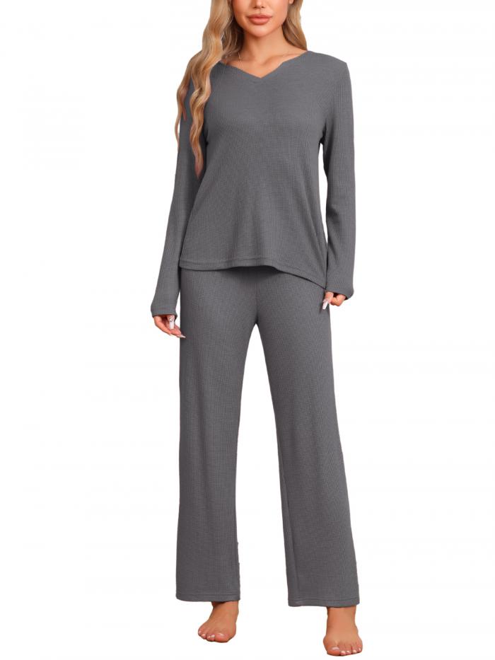 cheibear レディースパジャマ ワッフル ソフト スウェットスーツ 長袖 Vネック 秋冬 ラウンジウェア セット グレー L