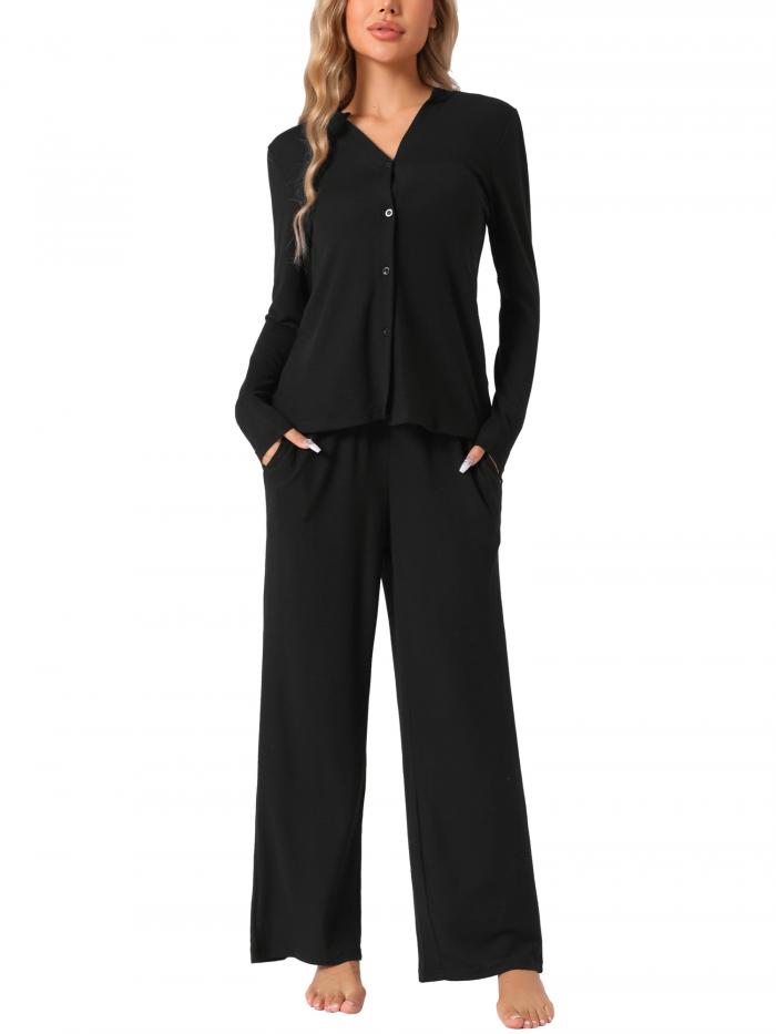 cheibear レディース ラウンジウェア パジャマ 半袖 ボタンダウン トップス パンツ付き スリープウェア パジャマ セット 黒 XL