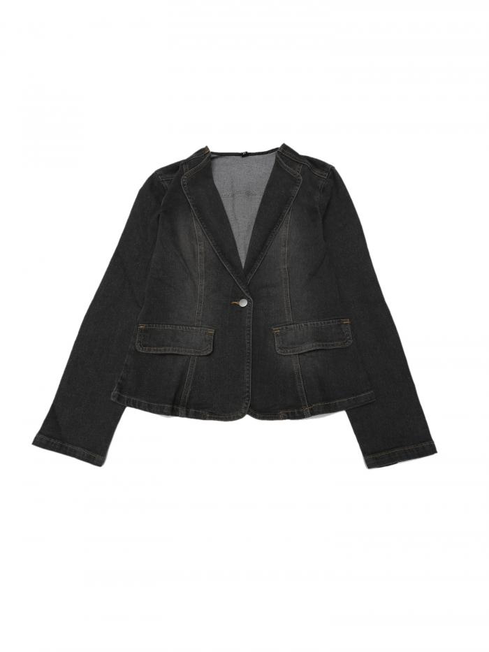 Allegra K デニムブレザー ジーンズジャケット ラペルカラー 長袖コート 1つボタン ワーク レディース グレー XL