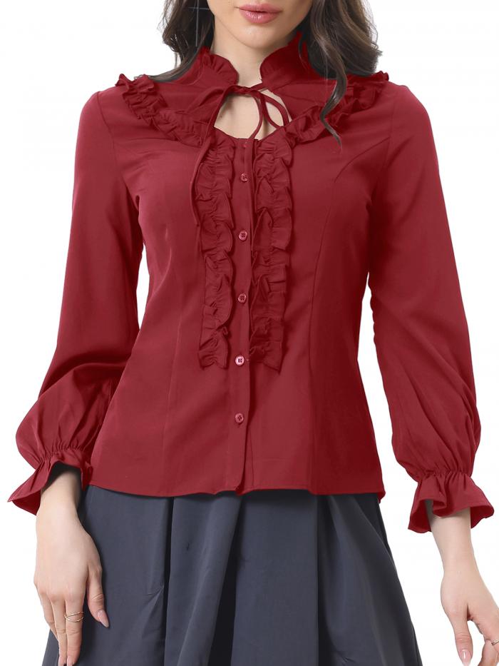 Allegra K ゴシックシャツ トップ ブラウス ヴィンテージ フリル長袖 ボタンアップ レディース ダークレッド S