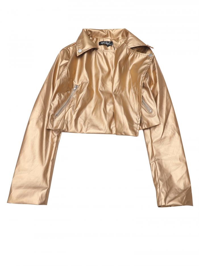 Allegra K クロップド バイカージャケット フェイクレザー 長袖 PUジッパー レディース ゴールド L