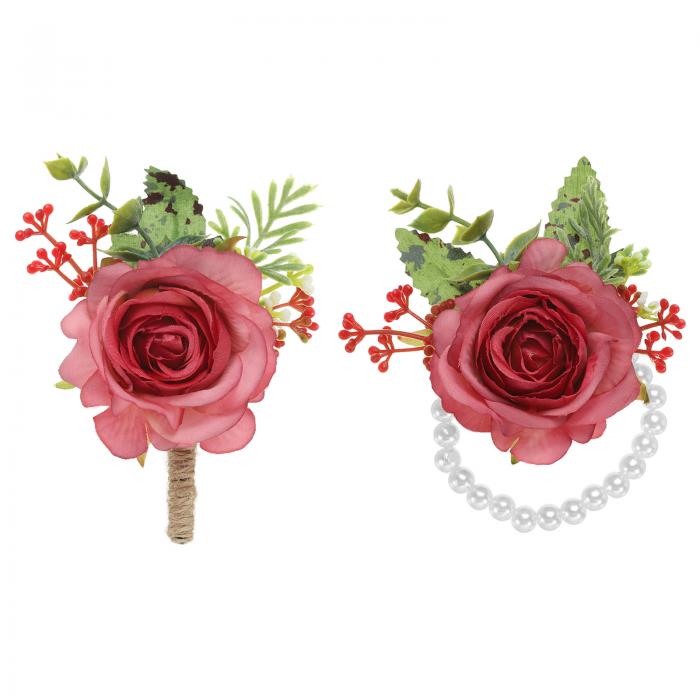 PATIKIL ローズリストコサージュとブートニアセット 2個 ウェディングフラワーリストバンドブレスレットハンドフラワーテザーアクセサリー メンズウィメンバチ...