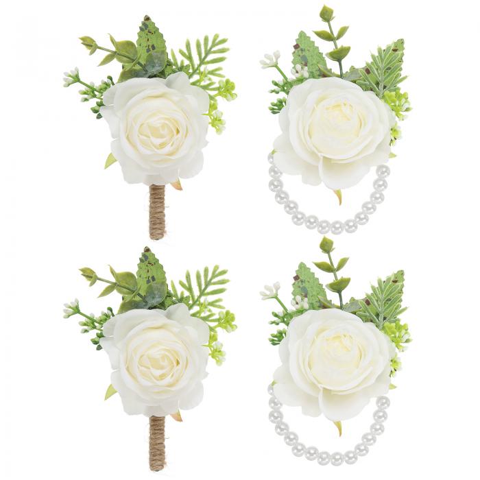 PATIKIL ローズリストコサージュとブートニアセット 4個 ウェディングフラワーリストバンドブレスレットハンドフラワーテザーアクセサリー 男性用女性用独身パーティープロムホームカミング ホワイト