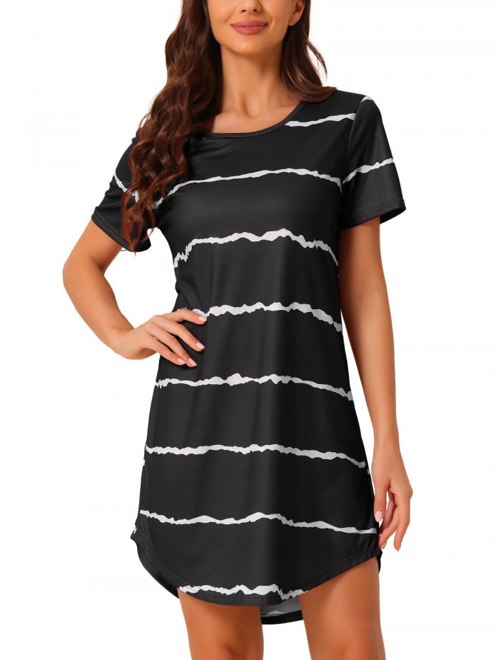 cheibear レディース ラウンドネック ナイトシャツ ストライプ 半袖 スリープシャツ ナイトガウン 黒 3XL