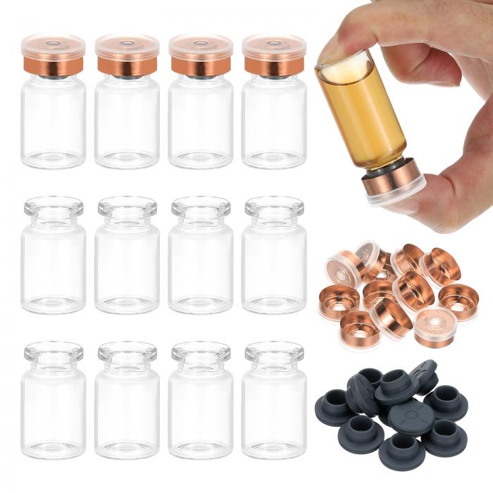 PATIKIL アルミプラスチックキャップ ゴムストッパー付きのクリアホウケイ酸ガラス製サンプルビアル7ml 12個 固体液体粉末の保管用 金トーン