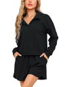 cheibear レディース ワッフルニット パジャマ マッチング衣装 長袖トップスとポケット付きショーツ 2ピース ラウンジセット 黒 XS