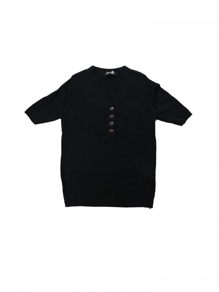 Allegra K レディース リブニットトップス Vネック ボタンヘンリー ハーフスリーブ Tシャツ ブラック M