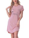 cheibear レディース 半袖パジャマ プリントスリープシャツ ナイトシャツ ソフトスリープウェア かわいい猫柄ナイトガウン ピンク L