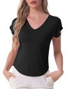 cheibear レディース ビスコース スリープ Tシャツ Vネック パジャマ トップス ポケット付き 黒 S