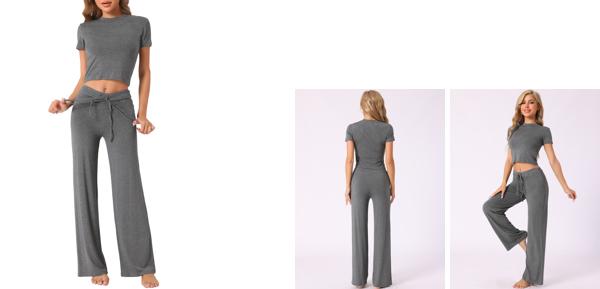 cheibear レディース 半袖 スウェットスーツ トラックスーツ ラウンドネック 2点セット Tシャツとワイドドローストリングパンツ ラウンジウェア ディープグレー S