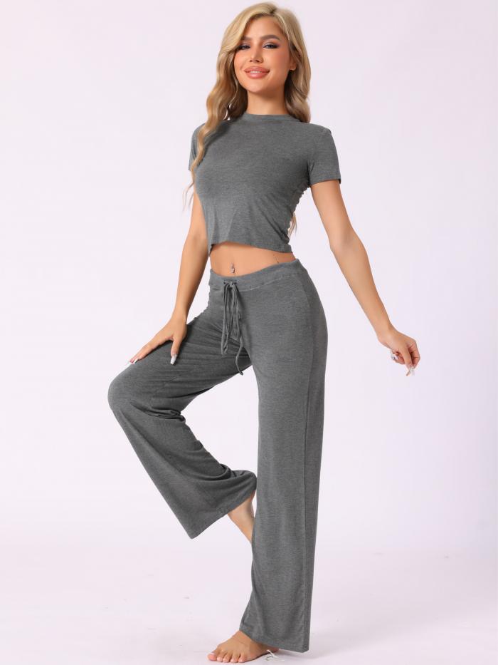 cheibear レディース 半袖 スウェットスーツ トラックスーツ ラウンドネック 2点セット Tシャツとワイドドローストリングパンツ ラウンジウェア ディープグレー S