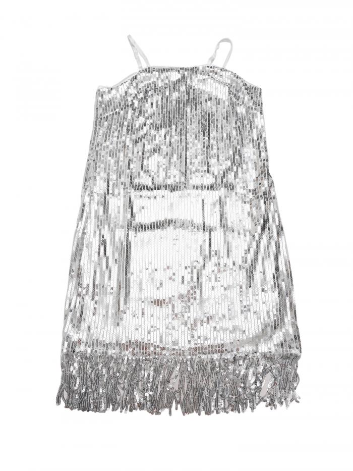 Allegra K レデイーズ 光るドレス スパゲッティストラップ パーティー 輝くフリンジ ドレス シルバー L