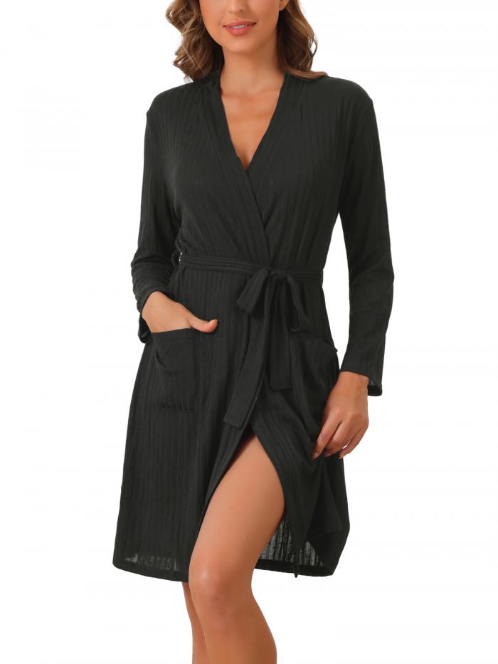 cheibear レディースローブ リブニット タイウエスト 長袖 冬用 膝丈 寝巻き ポケット付き バスローブ 黒 S