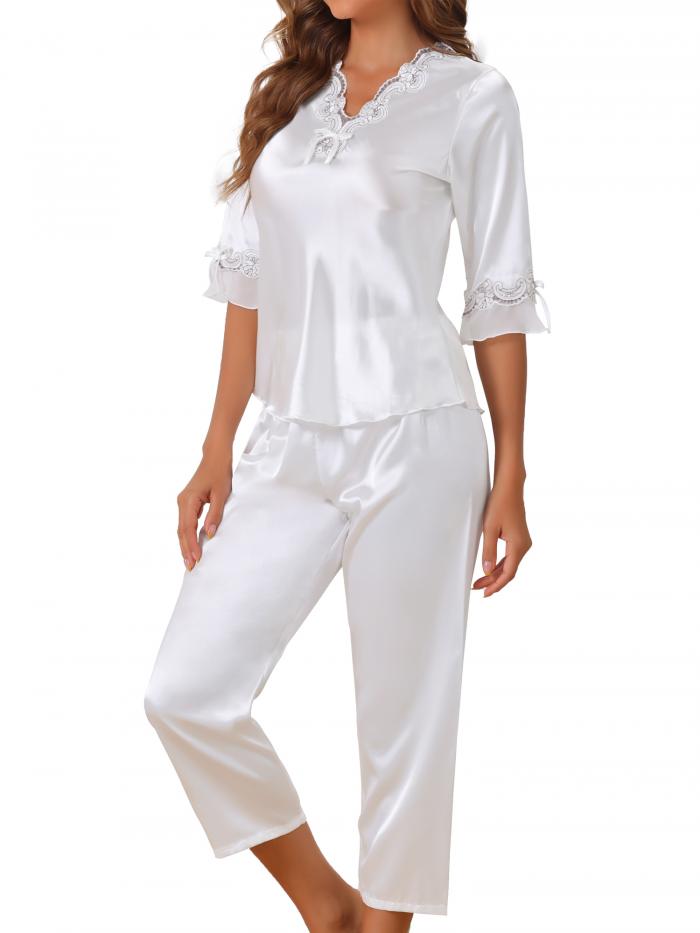 cheibear レディース サテン パジャマ セット シルキー 半袖 シャツ ロング パジャマ パンツ セット ソフト PJ ラウンジウェア ホワイト M