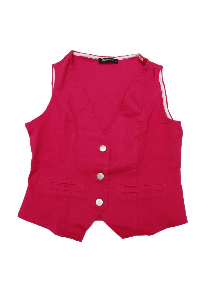 Allegra K デニムベスト ジーンズジャケット Vネック ボタンダウン ノースリーブ カジュアル レディース ホットピンク M