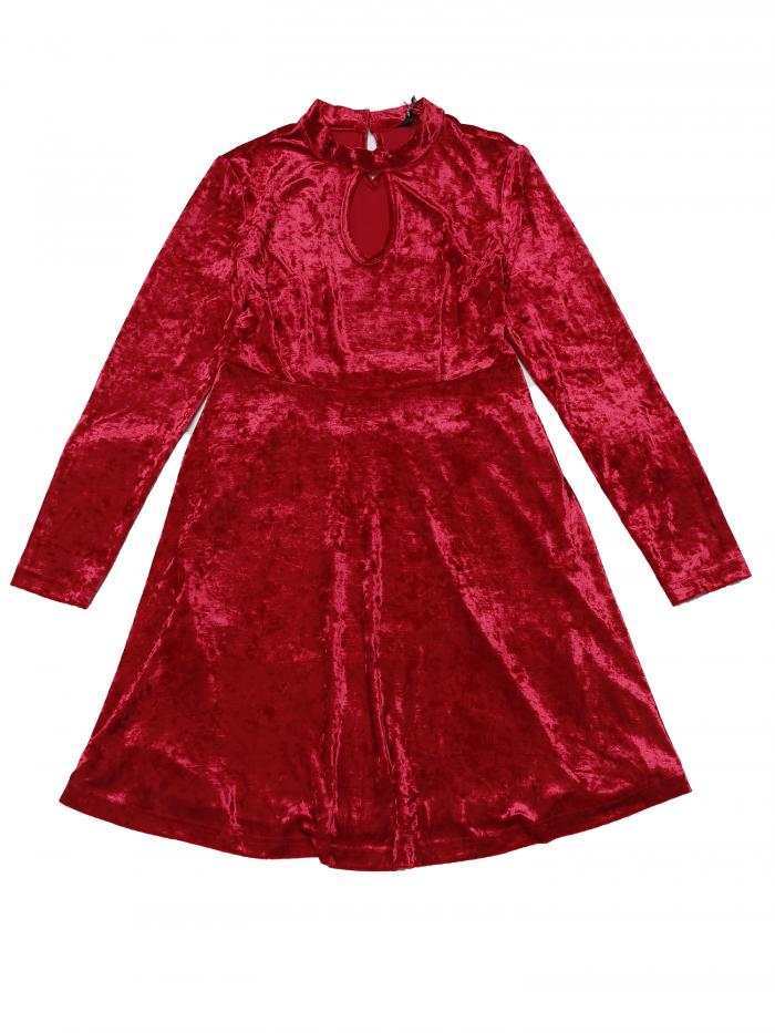 Allegra K ベルベット Aラインワンピース ドレス チョーカーネック ハイウエスト 長袖 レディース レッド L
