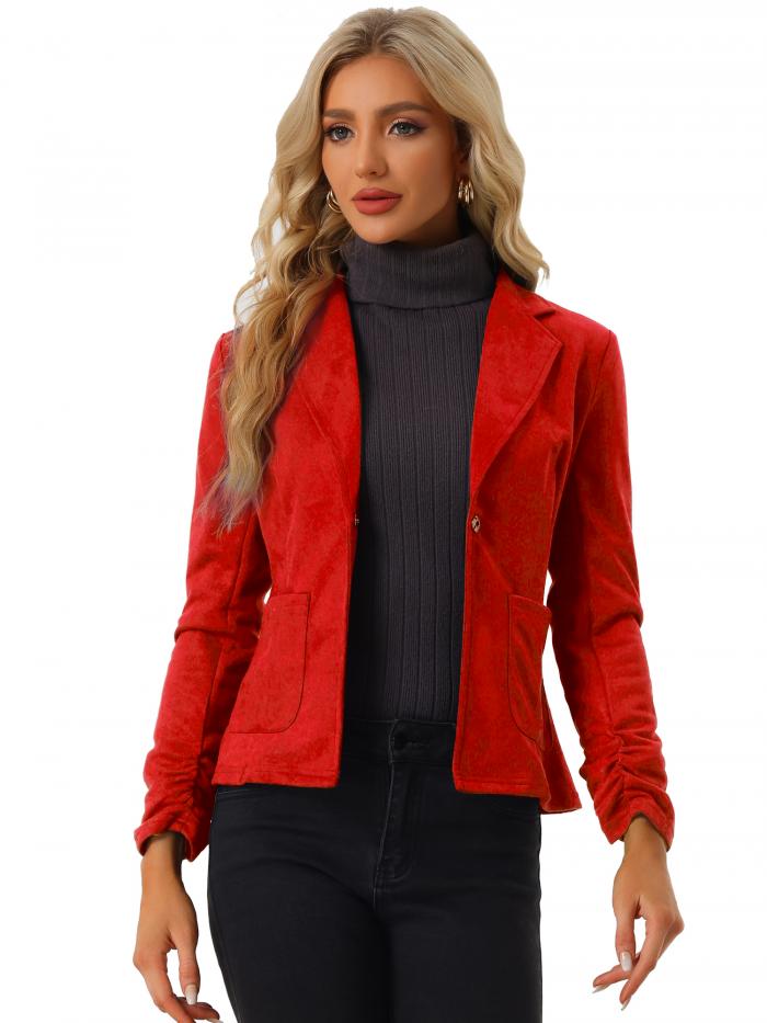 Allegra K ブレザースーツ フェイクスエード 長袖 オープンフロント ドローストリング カジュアル レディース レッド M