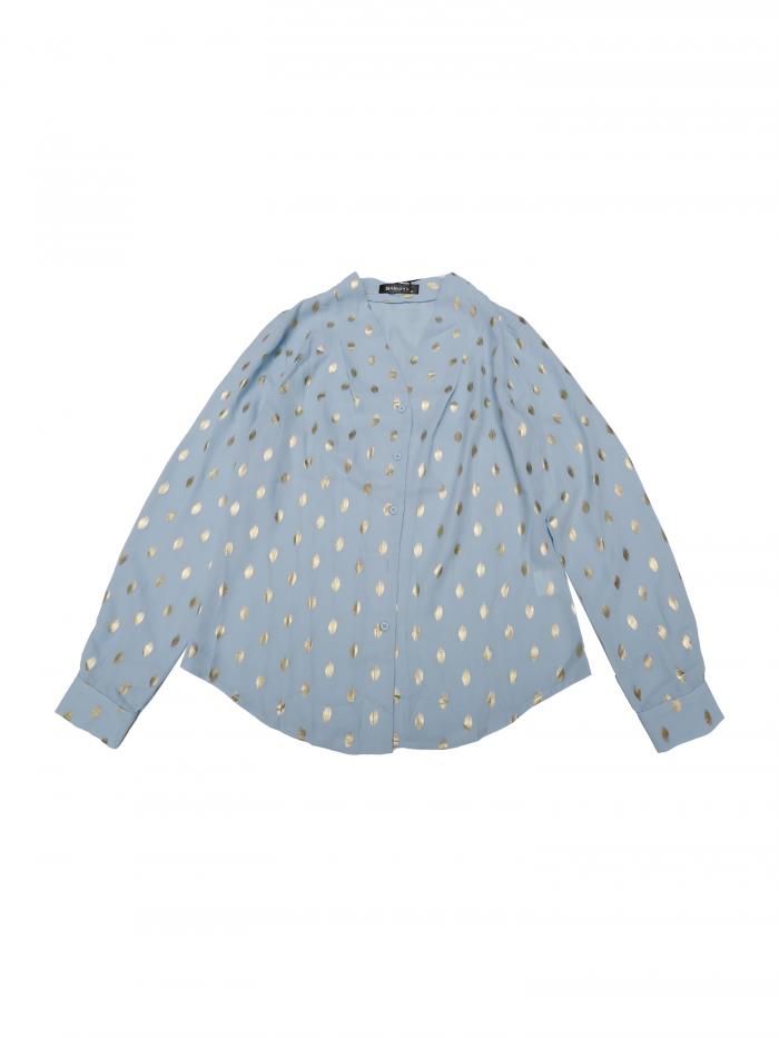 Allegra K メタリック スキッパーシャツ 水玉 星柄 ブラウス トップス Vネック 長袖 レディース スカイブルー M