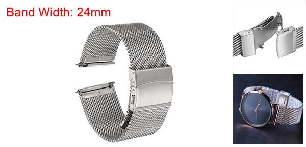 uxcell 24mm幅1.8mm厚ステンレススチールメッシュウォッチバンド クイックリリースメタルウォッチストラップ 調節可能な折りたたみクレスプ交換バンド メンズ・レディース用 シルバートーン