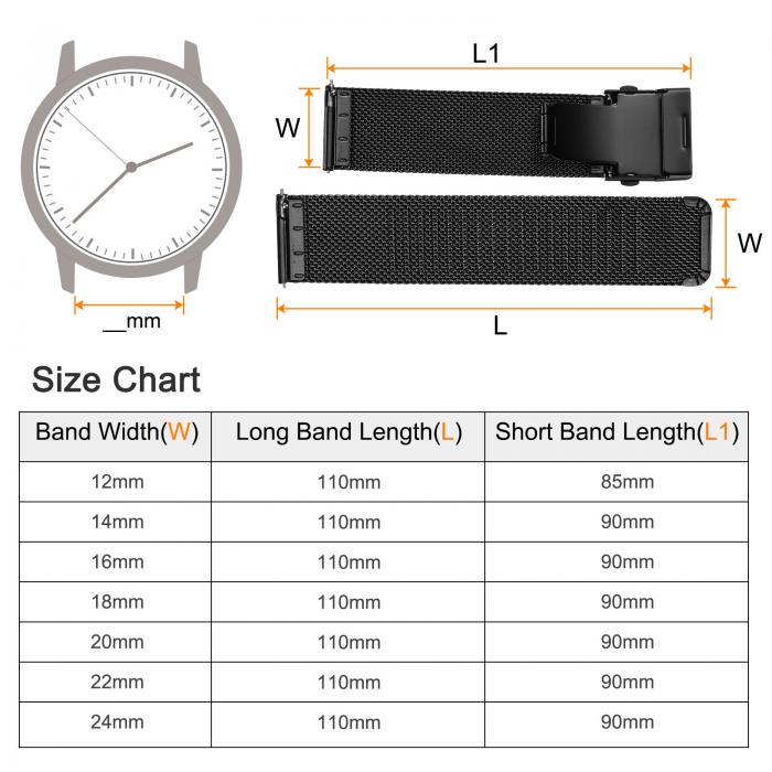 uxcell 24mm幅1.8mm厚のステンレススチールメッシュウォッチバンド クイックリリースメタルウォッチストラップ 男性用女性用調節可能な折りたたみ留め金交換バンド 黒