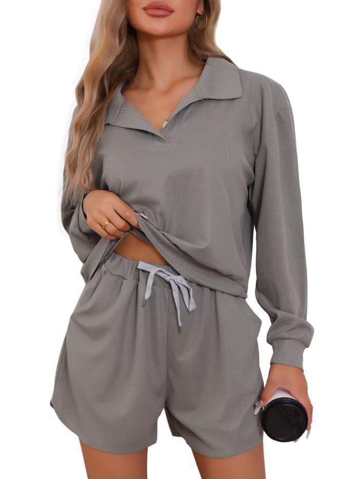 cheibear レディース ワッフルニット パジャマ マッチング衣装 長袖トップスとポケット付きショーツ 2ピース ラウンジセット グレー XL