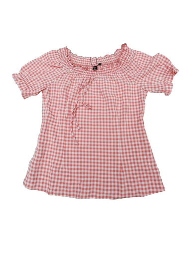 Allegra K チェック ブラウス 可愛い ロリータ ラウンドネック フリル パフスリーブ トップ レディース ピンク XS Allegra K チェック ブラウス 可愛い ロリータ ラウンドネック フリル パフスリーブ トップ レディース ピンク XS