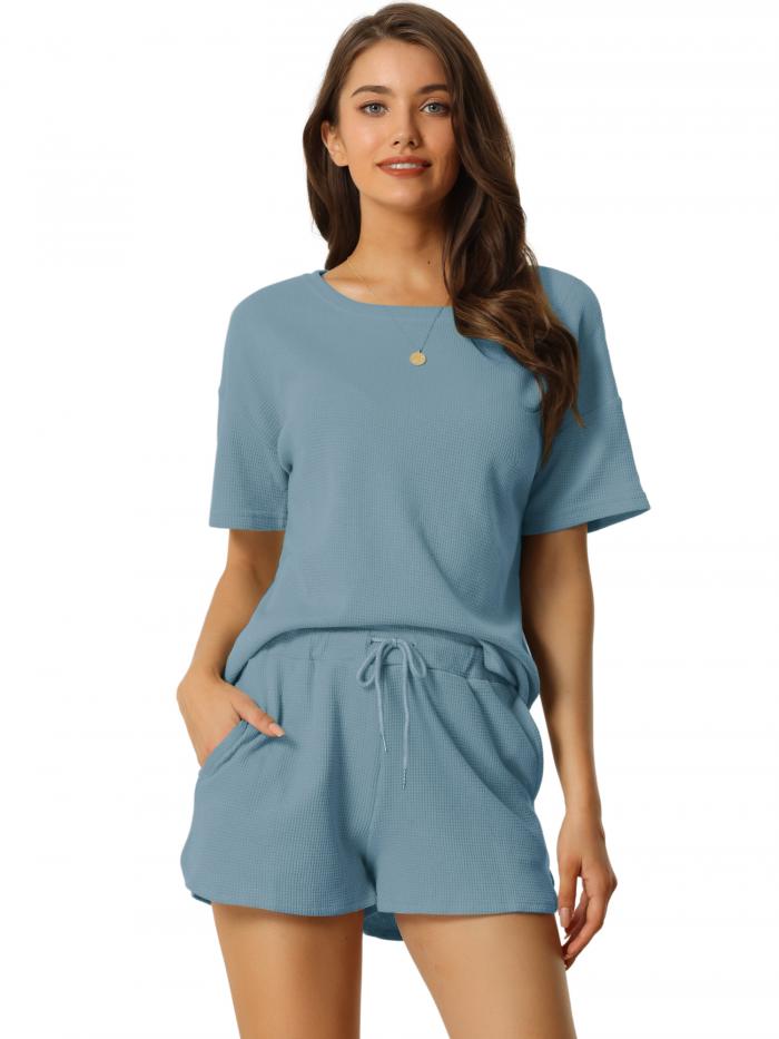 cheibear ナイトウェア 無地 ラウンジセット 半袖 ショーツ付き プルオーバー ジョガー 夏 ジャージ レディース グレーブルー S